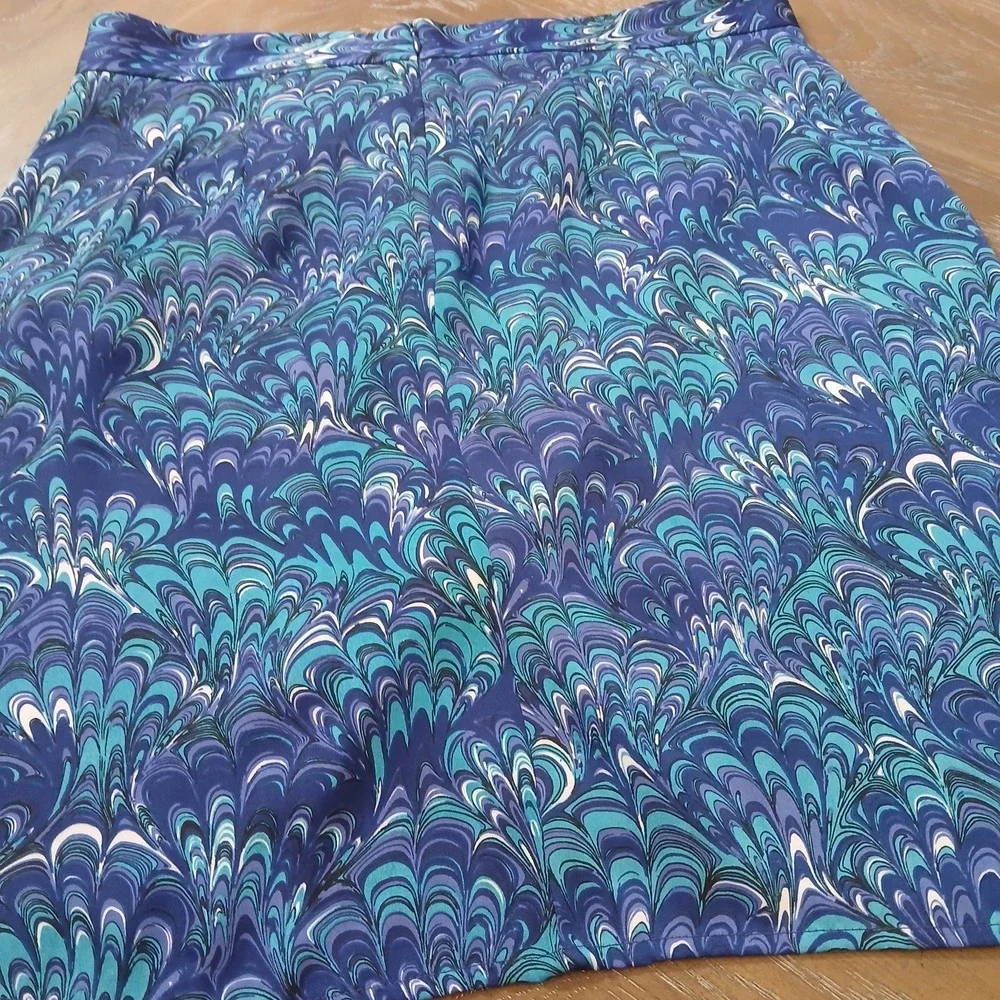 Michael Kors Short Skirt‎ Blue/TealPrint WaterfallFront Soft Pleats Sz 10P